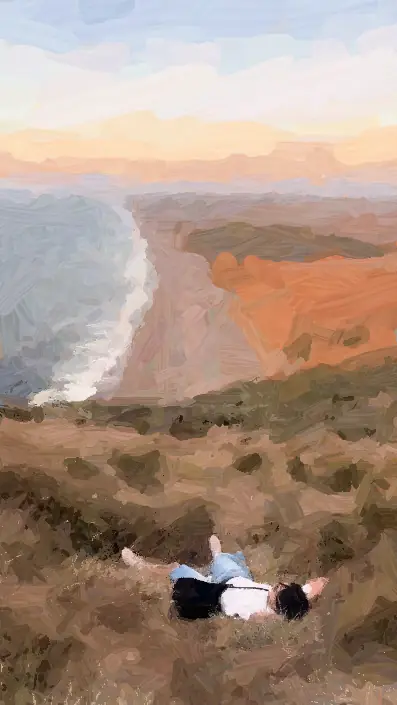 A painting of a person resting in coastal grass above the ocean and sunlit cliffs.